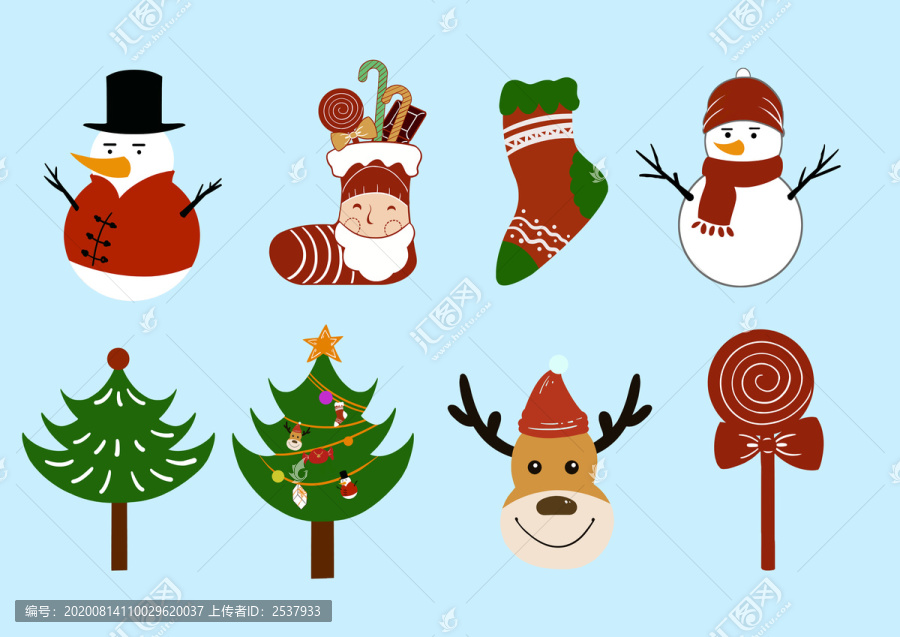 卡通圣诞树雪人袜子礼物糖果插画