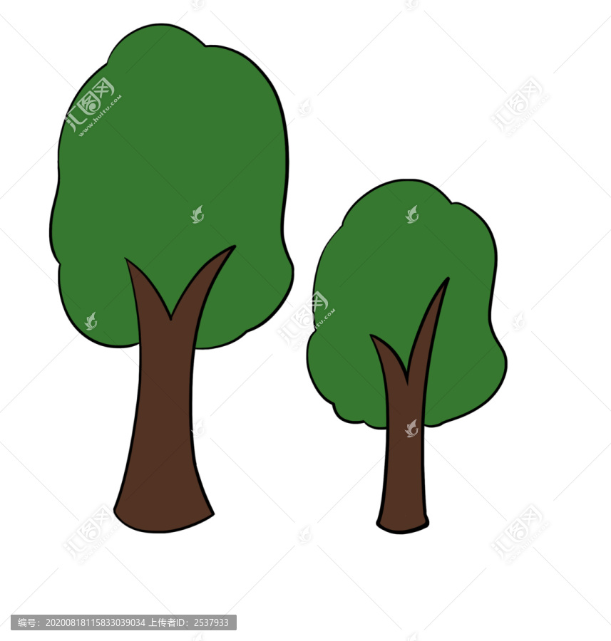 手绘植物绿色大小树木卡通插画