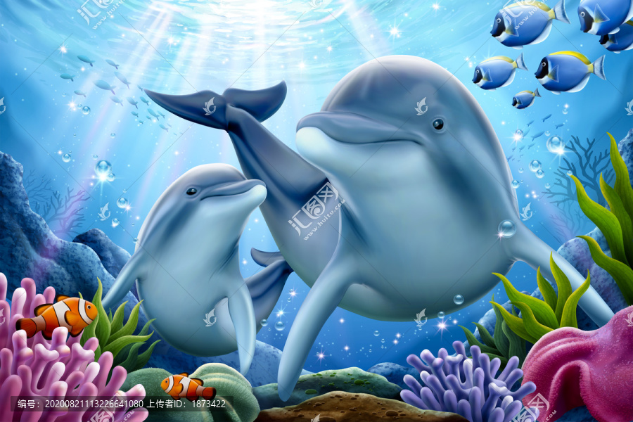 海豚家族海洋插画