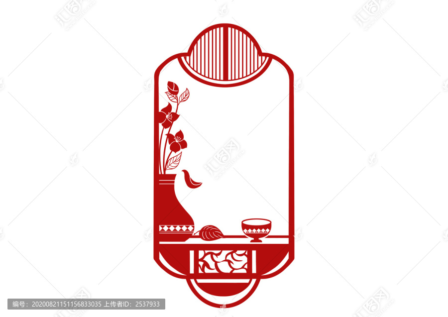 红色剪纸窗台花瓶中国风边框设计