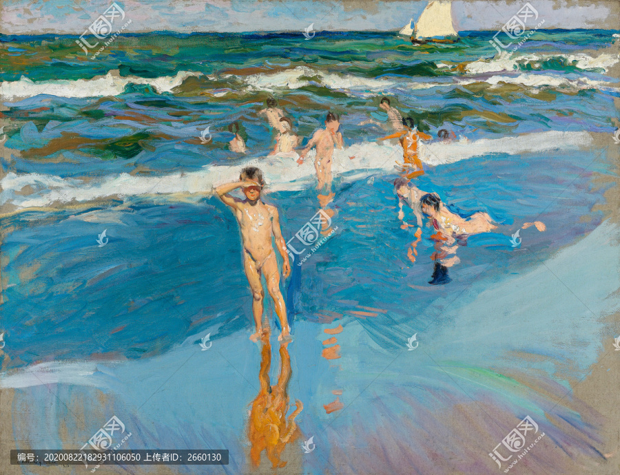 华金索罗拉海边游泳小孩油画
