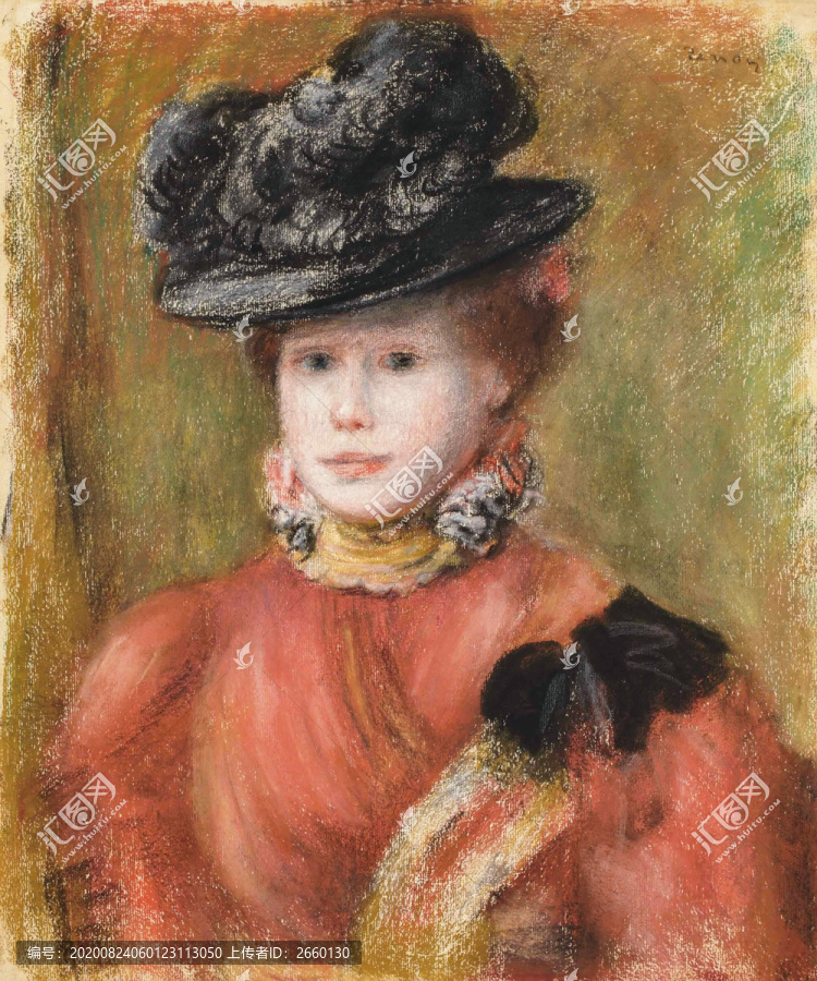 雷诺阿穿红衣服的女人肖像油画