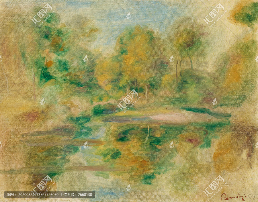 雷诺阿池塘和树底景色油画