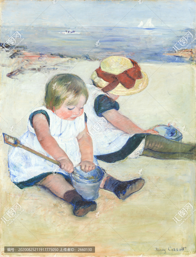 玛丽·卡萨特海滩玩沙子的孩子油画