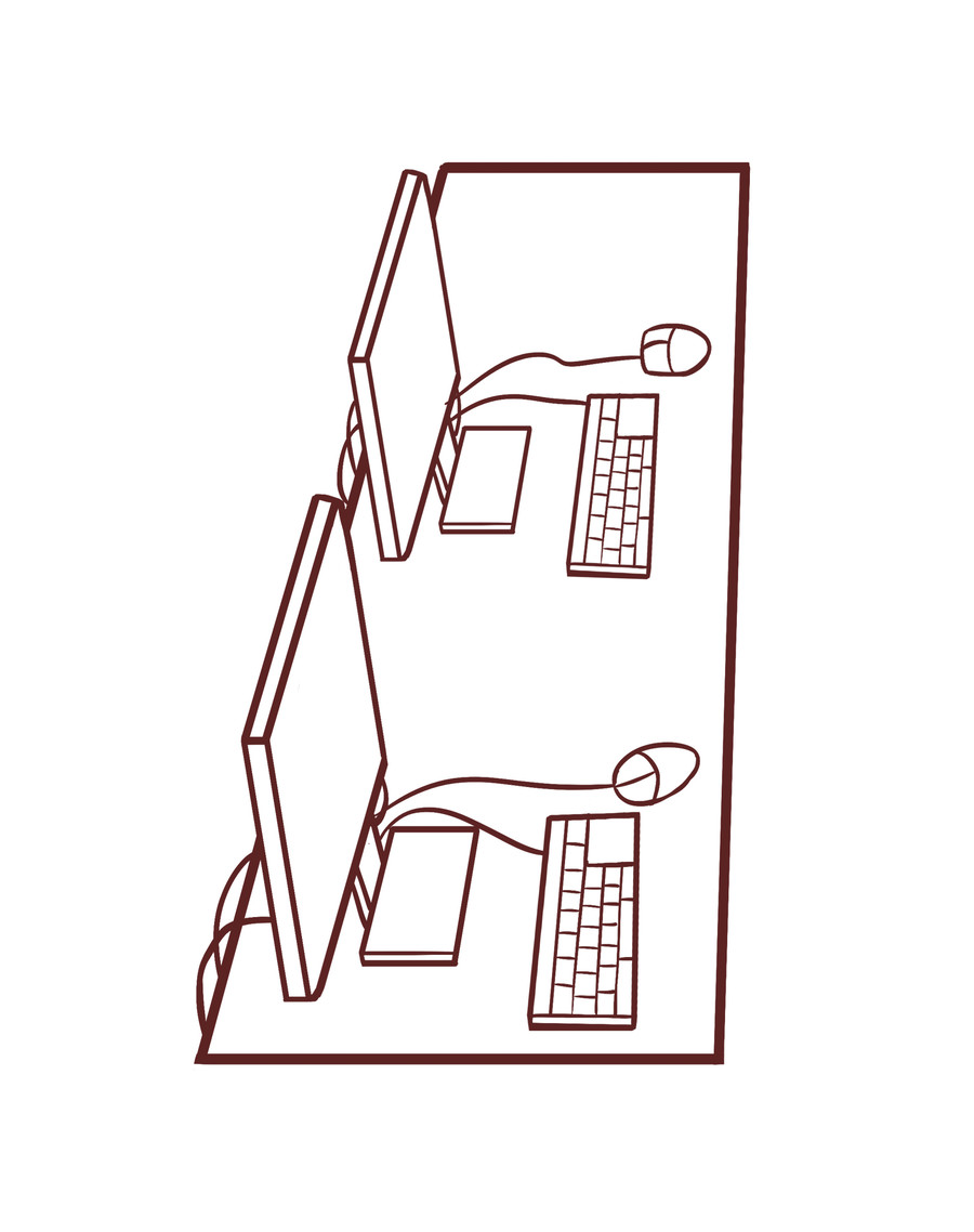 手绘放一排电脑的网吧场景简笔画