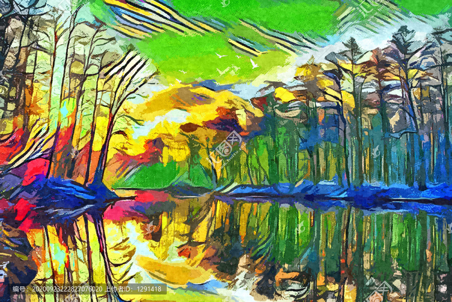 欧式湖畔风景油画