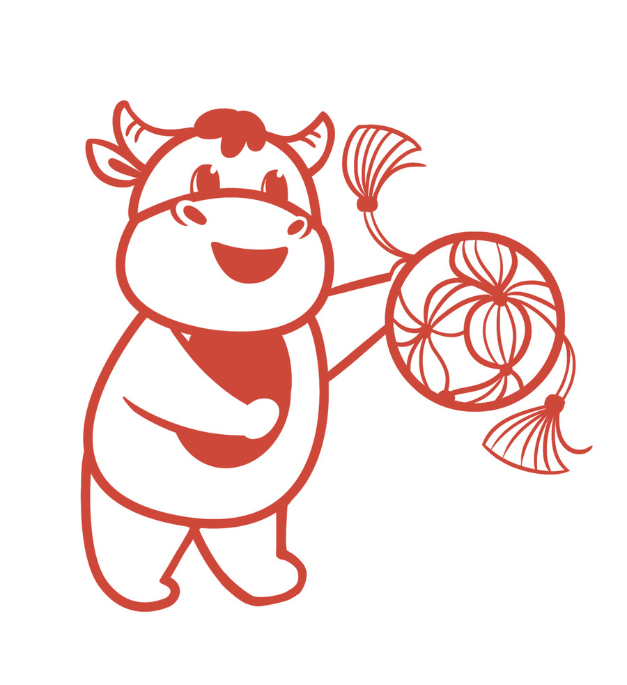 红色剪纸风玩玩绣花球的小牛插画