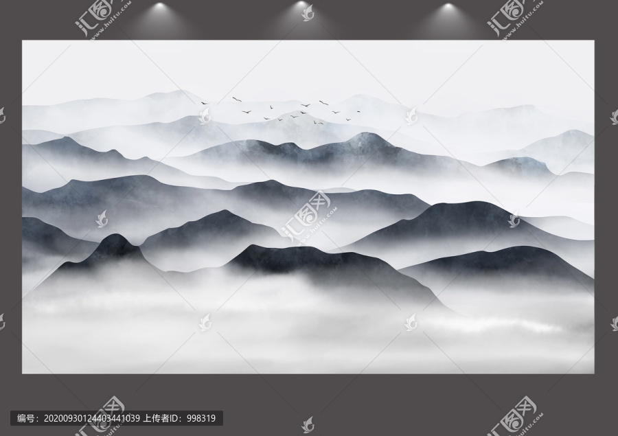 新中式意境云雾山水背景墙壁画