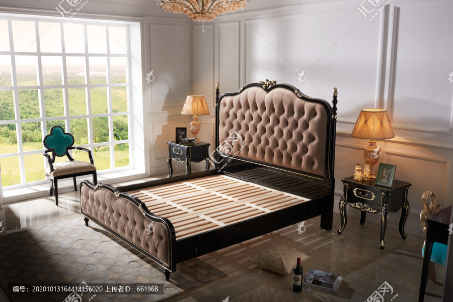 法式黑檀床板结构床头柜休闲椅