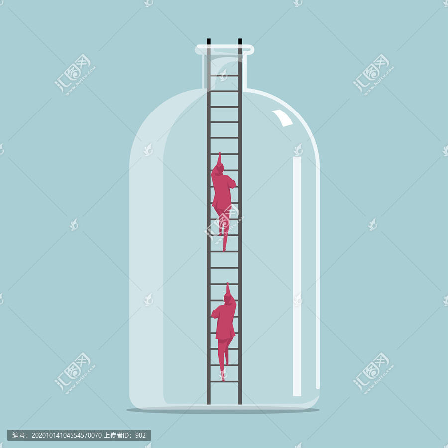 两个男人使用梯子爬出玻璃瓶