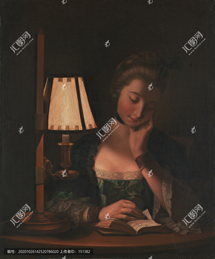 亨利·罗伯特·莫兰德纸质台灯下看书的女性