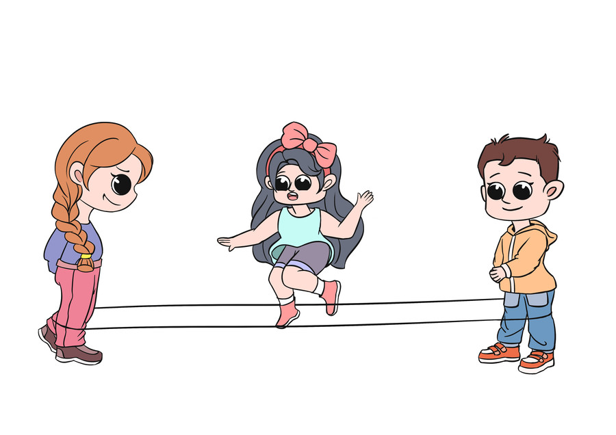 卡通三个小朋友跳皮筋的场景插画