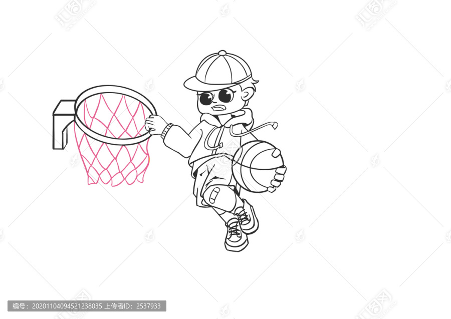 卡通戴帽子打篮球扣篮男孩简笔画