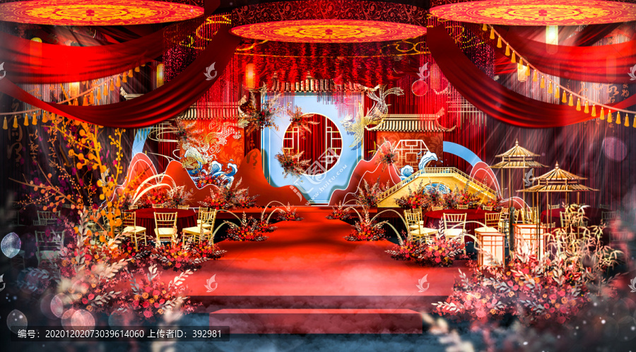 红蓝色新中式舞台宴会厅效果图