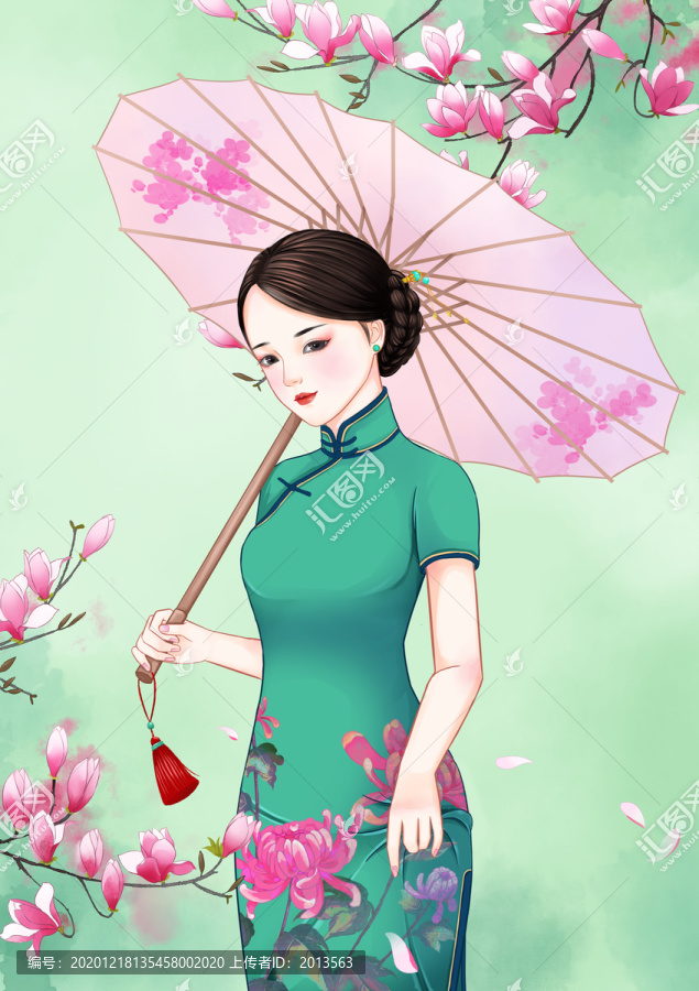 撑油纸伞的旗袍女人插画