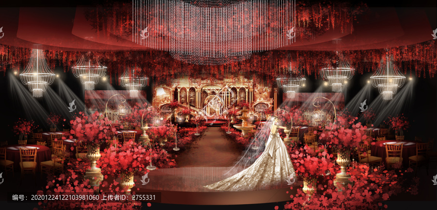 红色欧式婚礼舞台背景效果图
