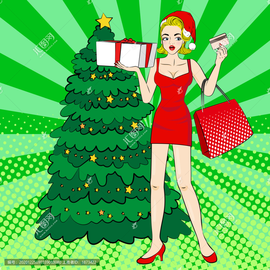 女孩站在圣诞树旁刷卡购物插图