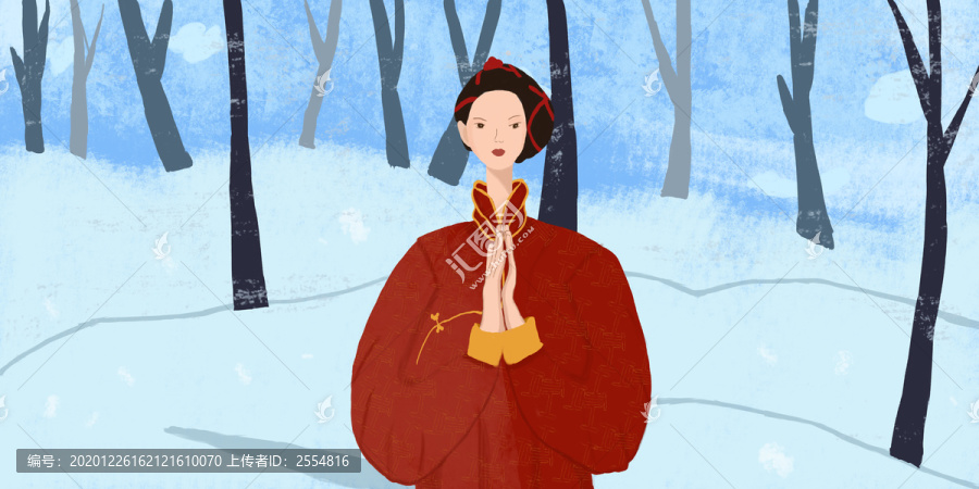 祈福藏族女孩冬景插画