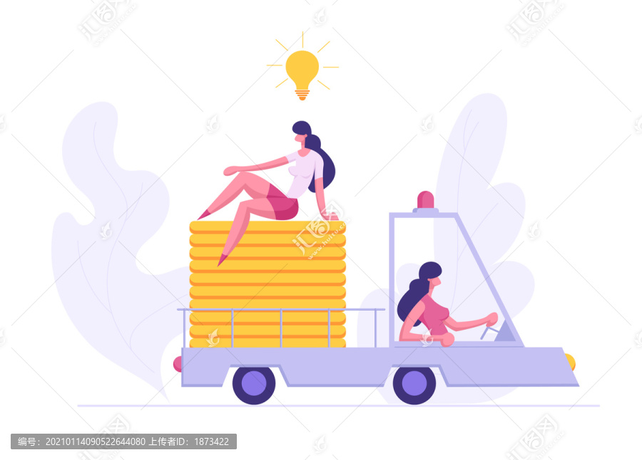 商业创新成功概念扁平插图,女性开车载金币