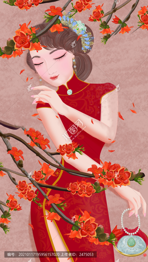 木棉花红色旗袍美女手机壳图案