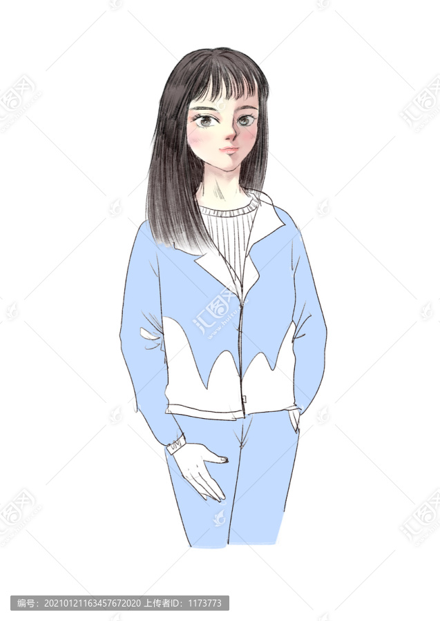 手绘黑发长发校服女生