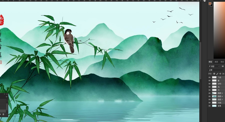 巨幅新中式青绿江南山水屏风壁画