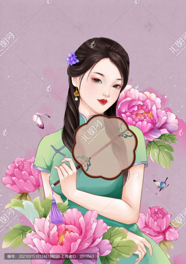 牡丹花与手拿团扇的旗袍美人插画