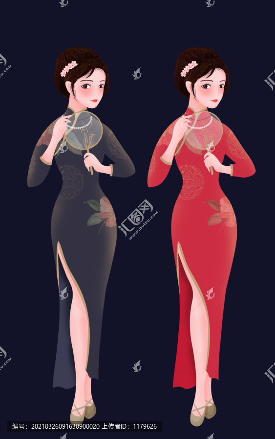 国民旗袍美女人物插画