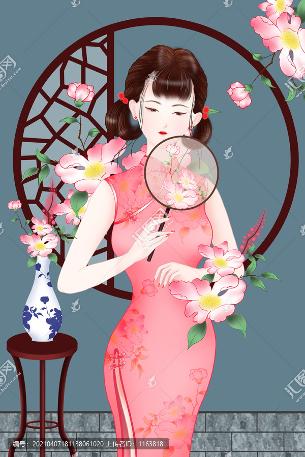 青花瓷手绘旗袍美女人物插画