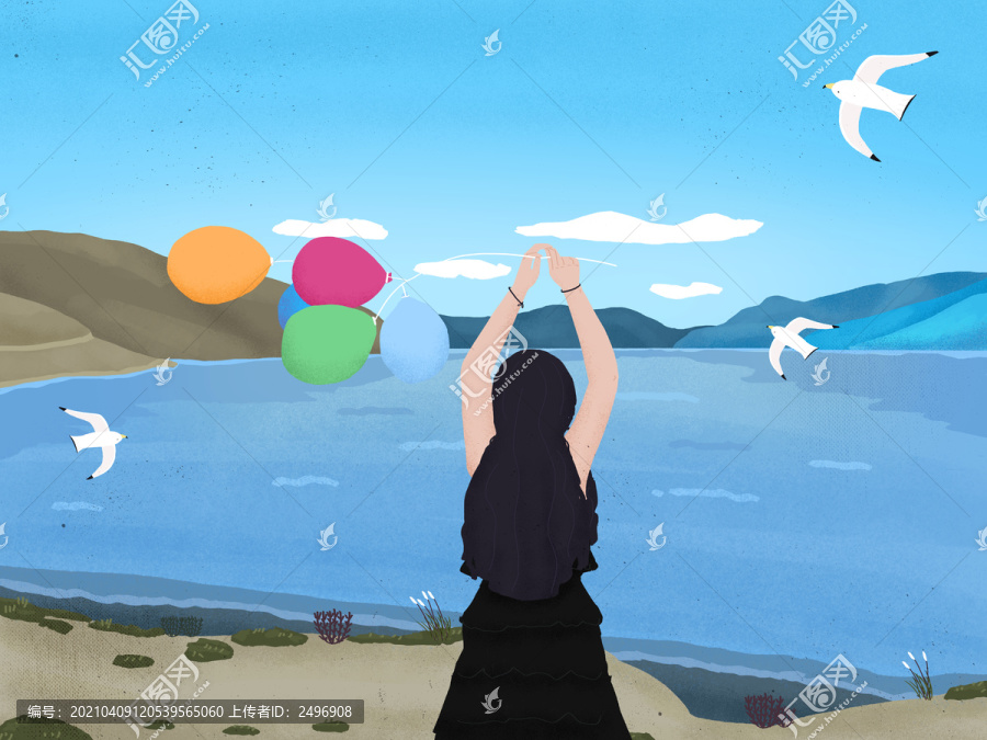 在湖边拿气球的女生