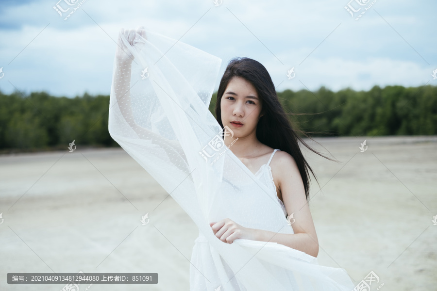 户外戴白纱的亚洲长发女子肖像。