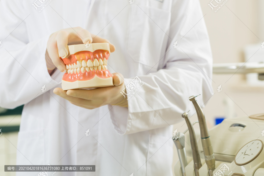 牙医在他的手术中拿着一副假牙，在后台是牙医的工具