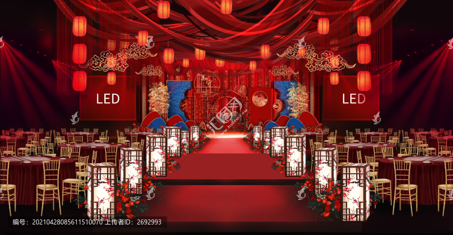 中式红蓝撞色婚礼效果图