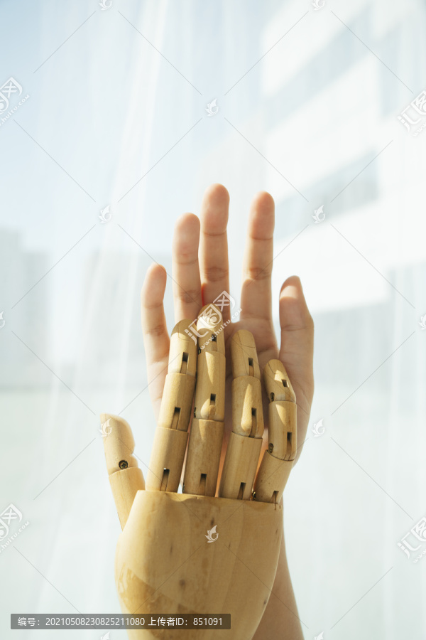 木制半械人机器人的手和人互相接触。