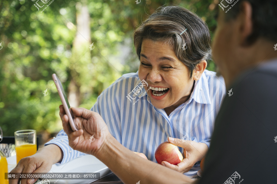 老年夫妇喜欢在户外院子里使用智能手机。