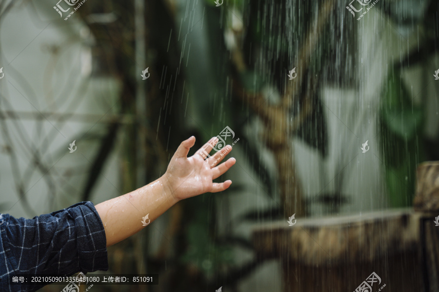 孩子的手抚摸着室外的雨水。第一次体验。