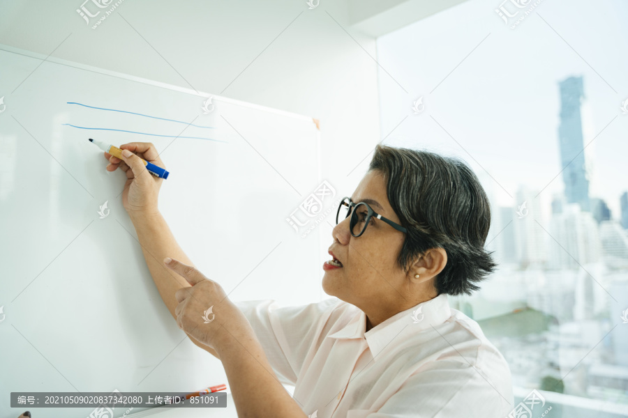 亚裔老教师老太太用笔在白板上写道理。