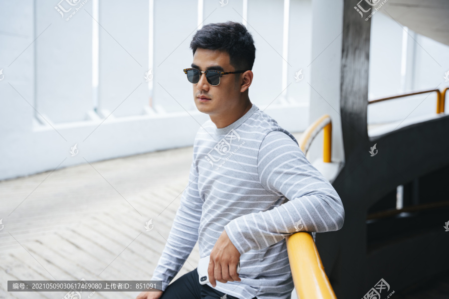 时尚写真-亚洲男人在城市户外戴太阳镜。