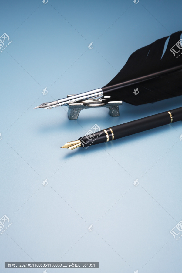 带金属钢笔笔尖的黑色羽毛笔