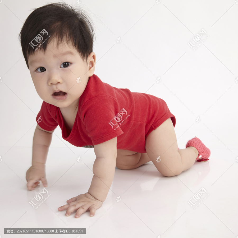 在白色背景上爬行的中国婴儿