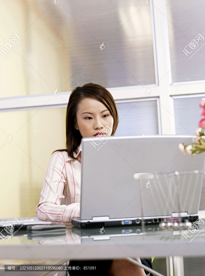 女商人使用笔记本电脑。