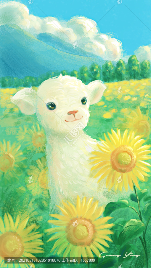 向日葵和小羊插画