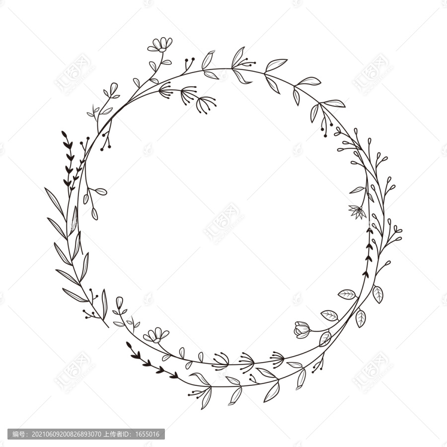 黑白线框填色植物花卉花环