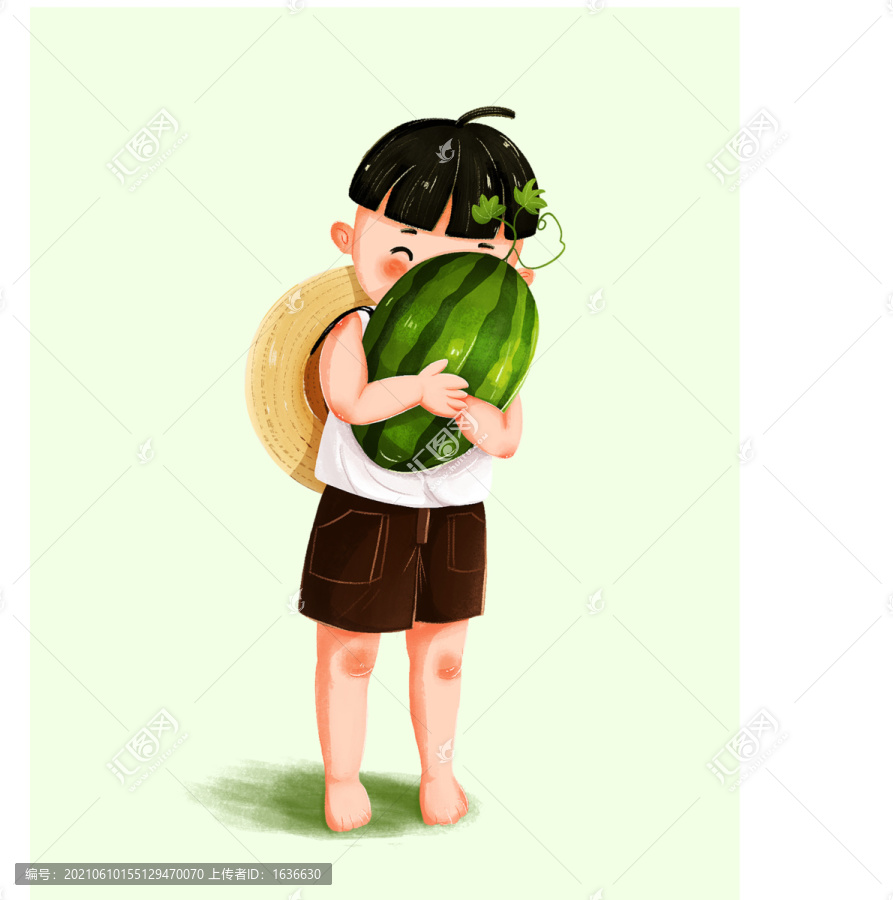 小男孩抱着西瓜