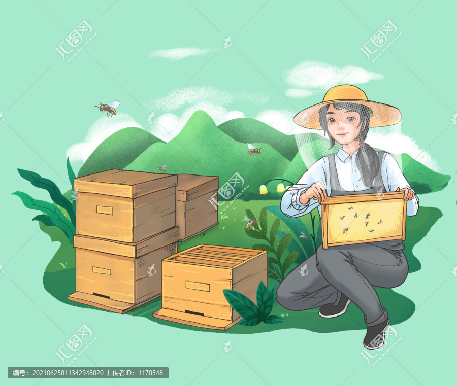 养蜂少女手绘插画