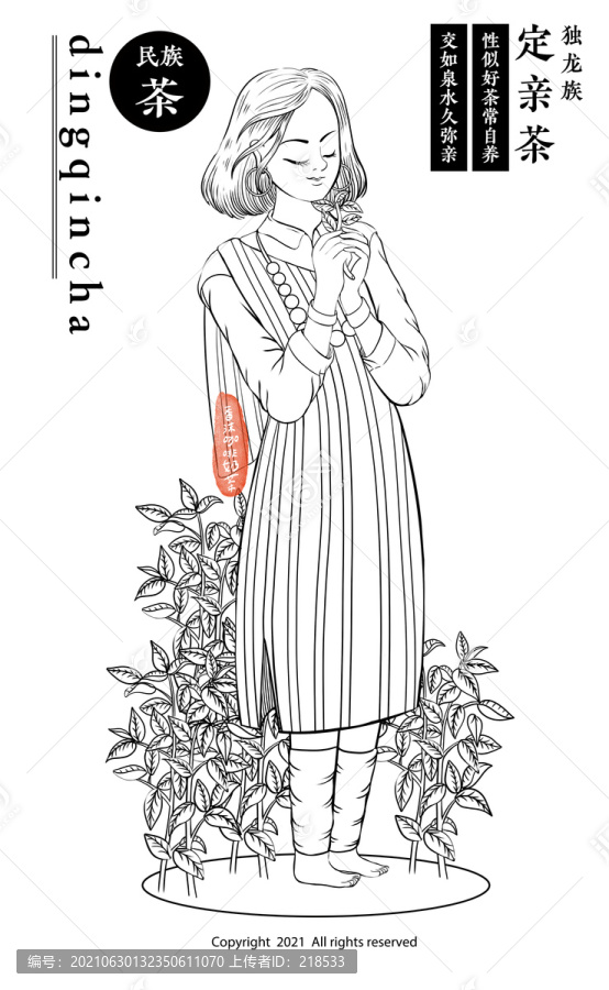 独龙族采茶女云南普洱茶包装插画