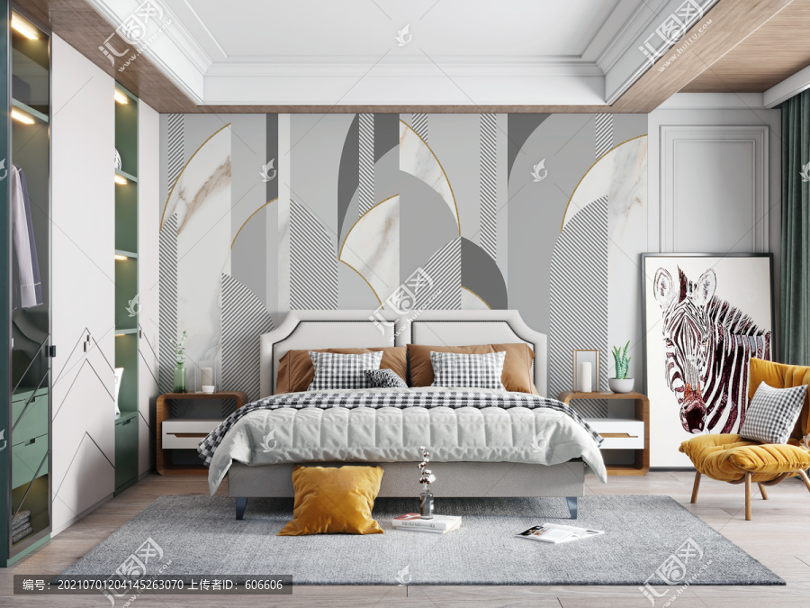 现代艺术墙布壁画卧室背景效果图