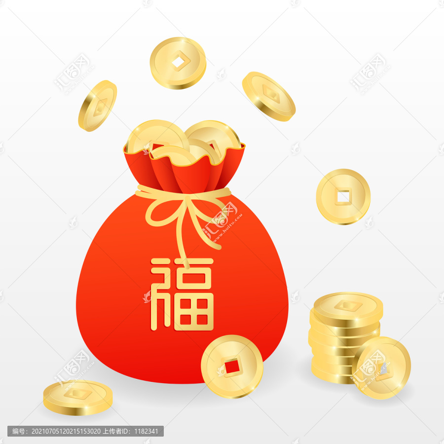 卡通手绘新年喜庆福袋金币