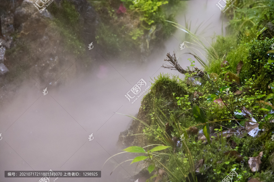 溪流绿岸水雾风景