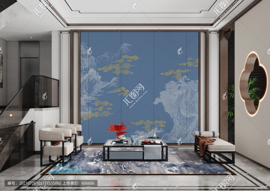中式客厅墙布壁画室内背景效果图